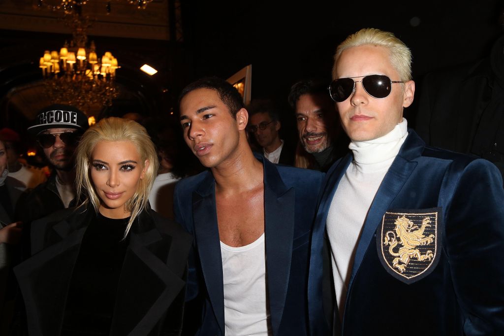 Kim Kardashian, Olivier Rousteing and Jared Leto attend the Balmain show as part of the Paris Fashion Week Womenswear Fall/Winter 2015/2016