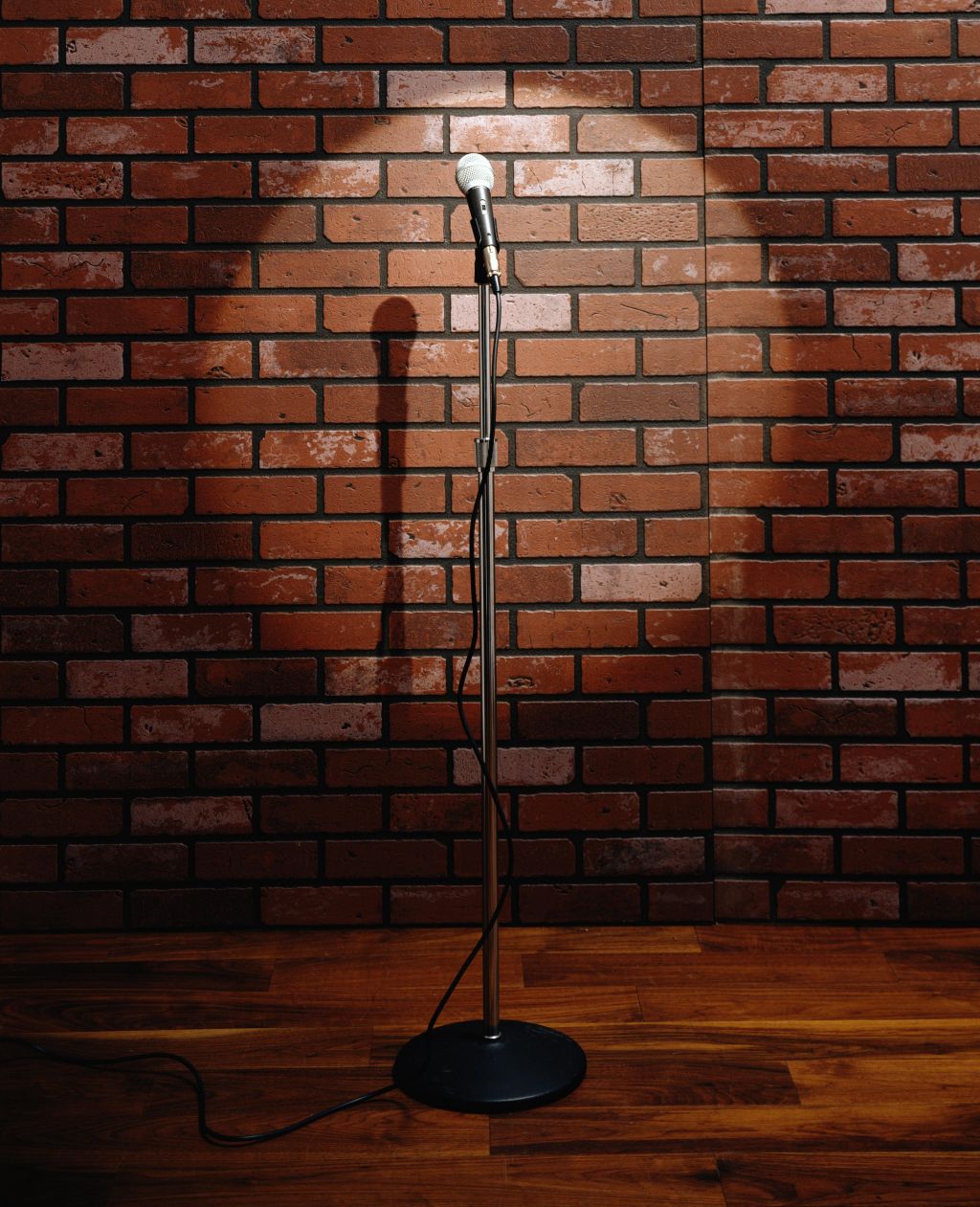 Microphone on stand in front of brick wall