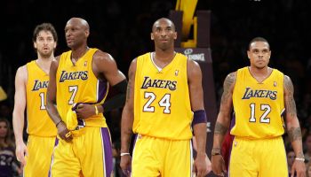Lakers' (l to r) Pau Gasol, Lamar Odom, Kobe Bryant and Shannon Brown during the game. LA Lakers vs