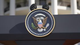USA, Washington DC, Presidential Seal on podium in front of The White House, close-up