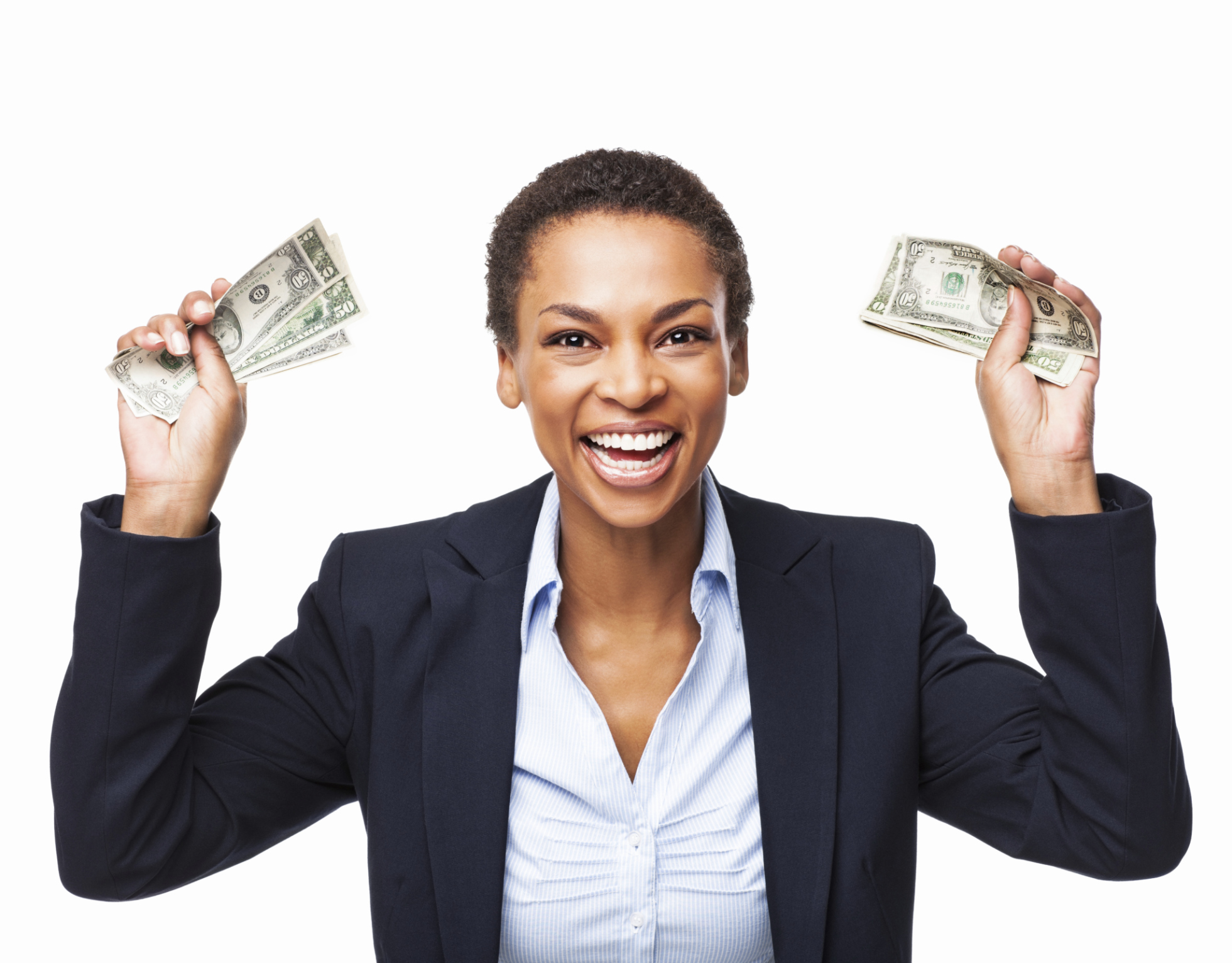 African American Businesswoman Holding Handful Of Money - Isolated