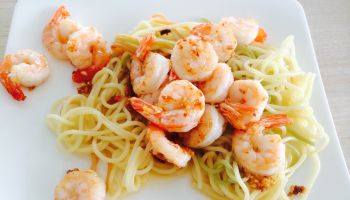 High Angle View Of Pasta With Shrimps Served In Plate