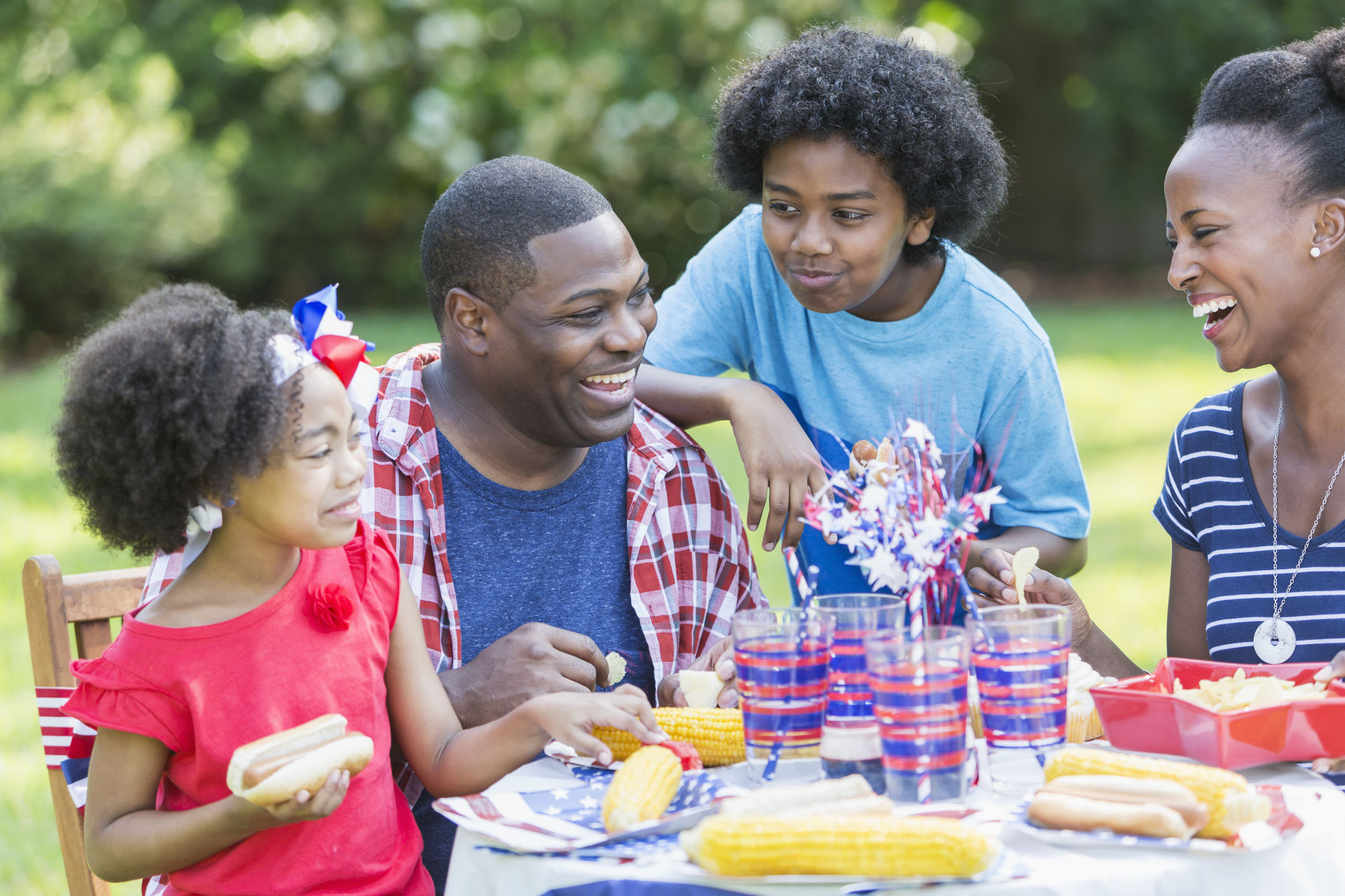 African American mixed race family at July 4th picnic