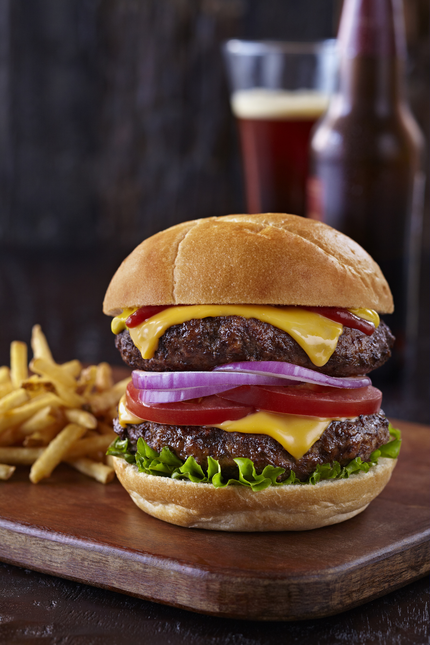 Double Staked Cheese Burger with Beer and Fries - Vertical