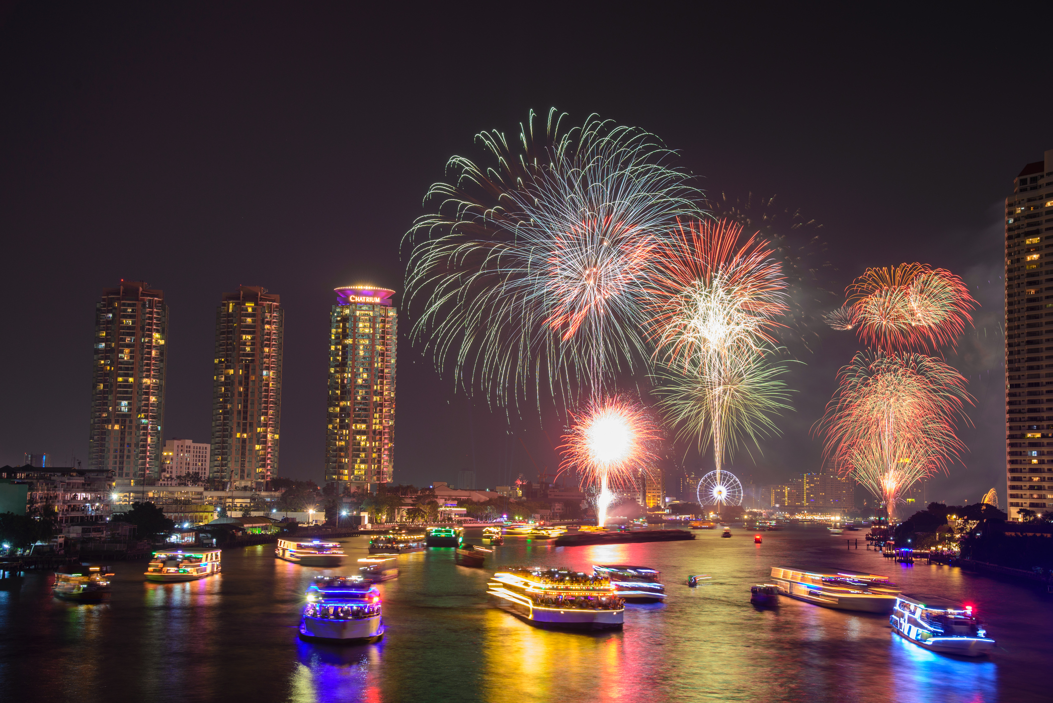 Firework at Chao Phraya River in countdown celebration party, Bangkok Thailand