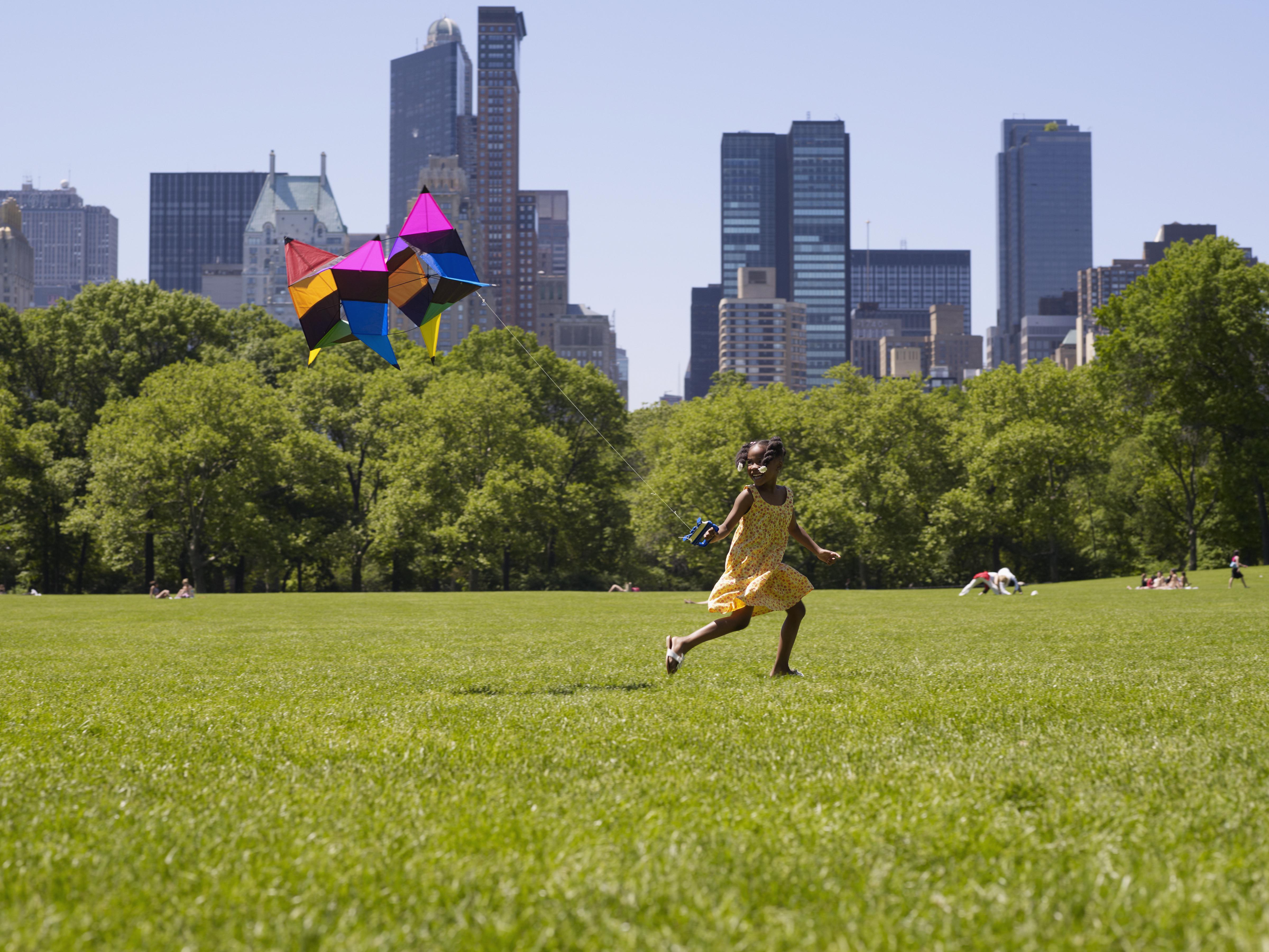 African girl flying kite in park