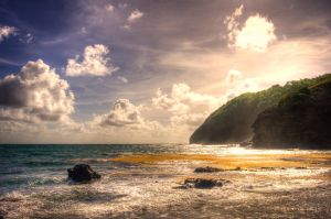 St Lucia, Cap Estate, View of sea and beach at sunrise