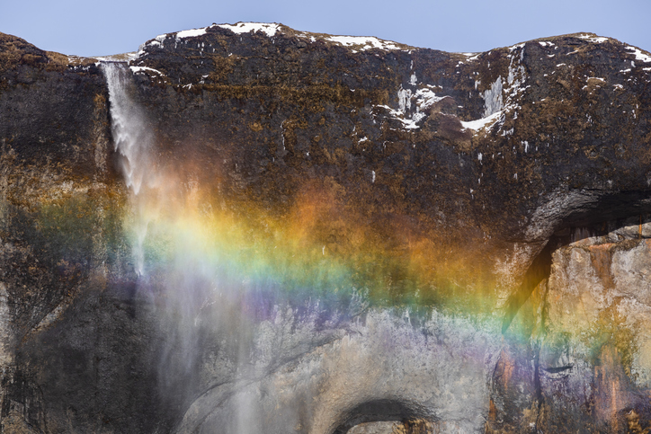 Beautiful rainbow over the waterfall Foss á Síðu, Iceland