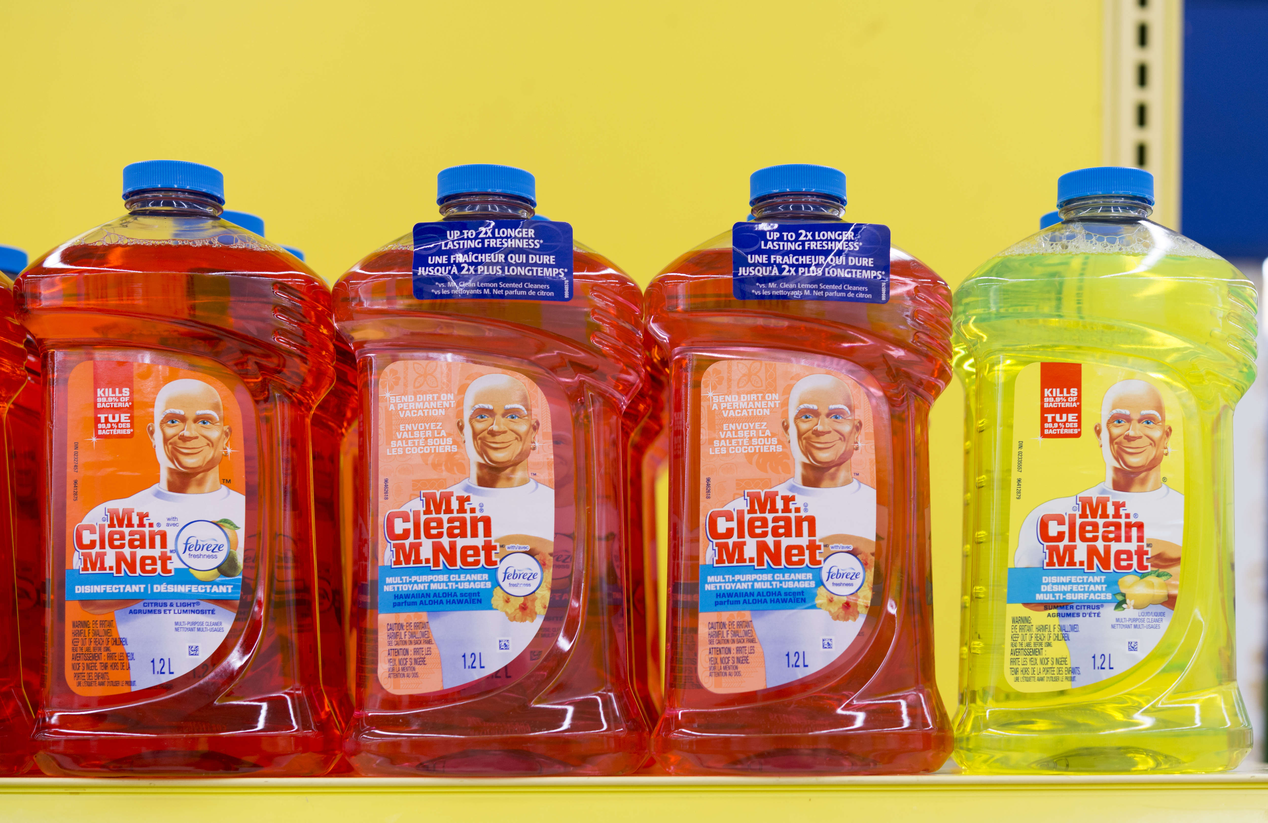 Mr Clean bottles stacked in a shelf. Mr Clean products are...
