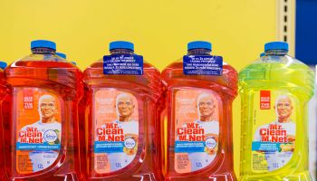 Mr Clean bottles stacked in a shelf. Mr Clean products are...