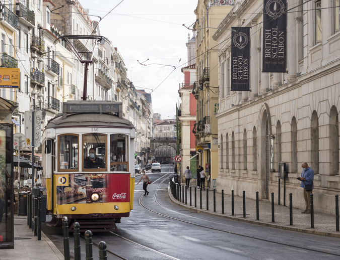 Lisbon tramway car on the street