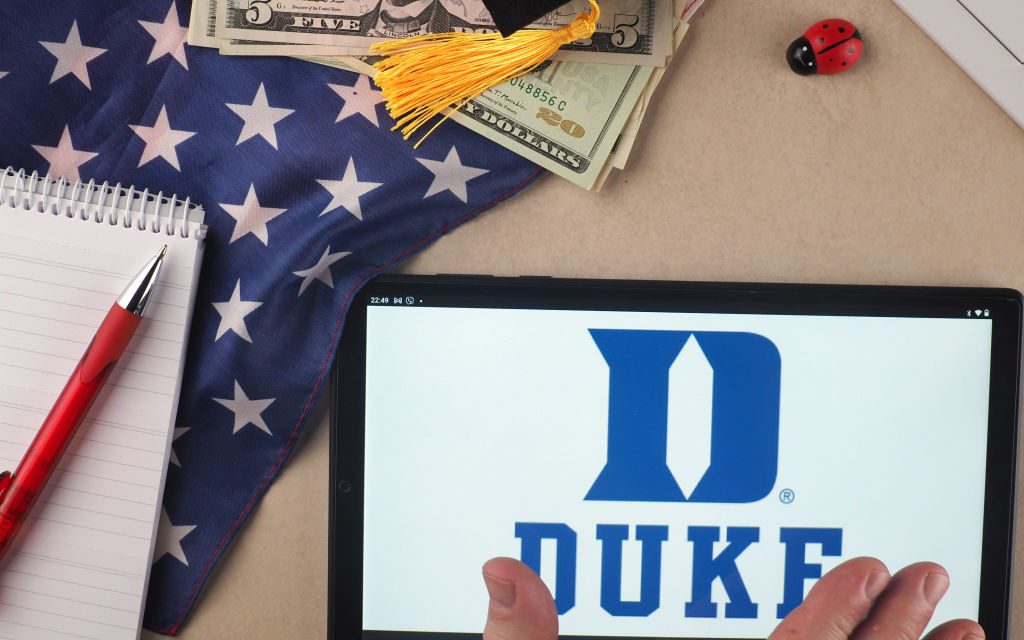 In this photo illustration, a Duke University logo seen...