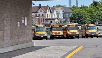 School building and school buses