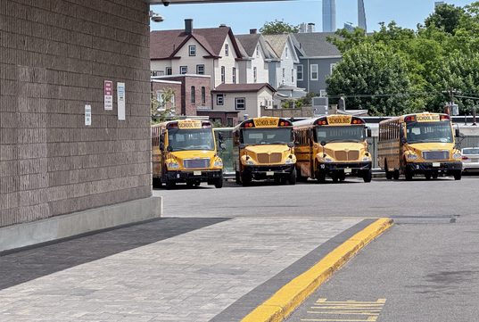 School building and school buses