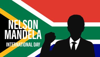 Nelson Mandela National Day. July 18.Silhouette of Mandela on the South African flag. Illustration, banner