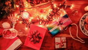 Christmas presents on a festive table