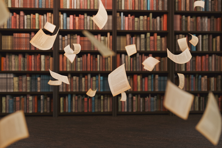 Book pages flying in the library
