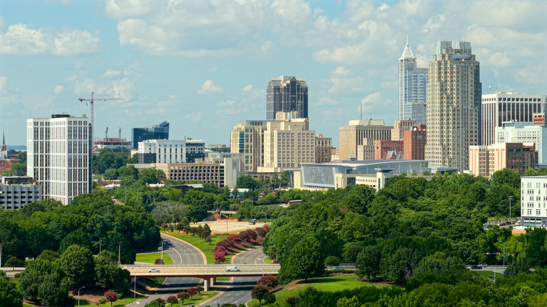 Raleigh North Carolina - Skyline and Highway - Sunny - Tight Shot
