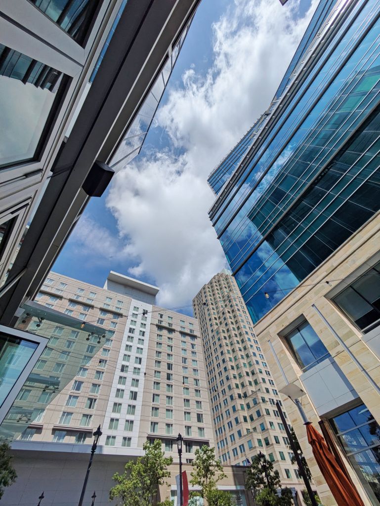 View of the modern skyline along Fayetteville Street in downtown Raleigh North Carolina
