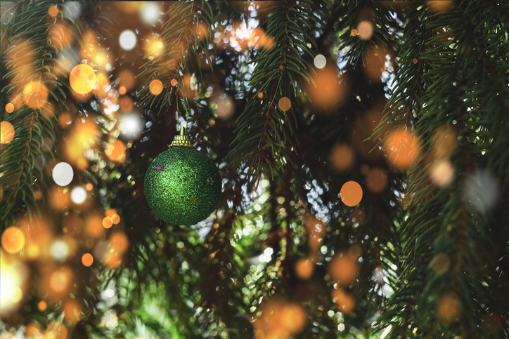 A Christmas tree with a green ball on a blurry background. Christmas concept.
