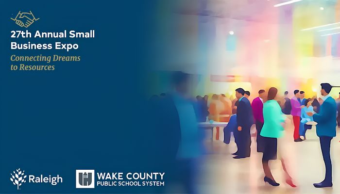 Crowd of people attending the 27th Annual Small Business Expo, with the event title and "Connecting Dreams to Resources" displayed.