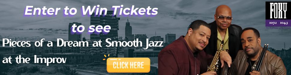 Enter to win tickets to see Pieces of a Dream at Smooth Jazz at the Improv, featuring a jazz band performing on a city skyline backdrop.