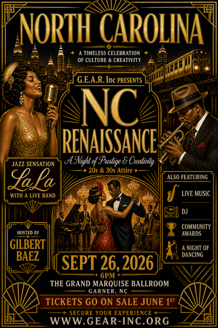A 1920s-style art deco poster for a "NC Renaissance" event, featuring a jazz singer, a couple dancing, and other vintage-inspired imagery.