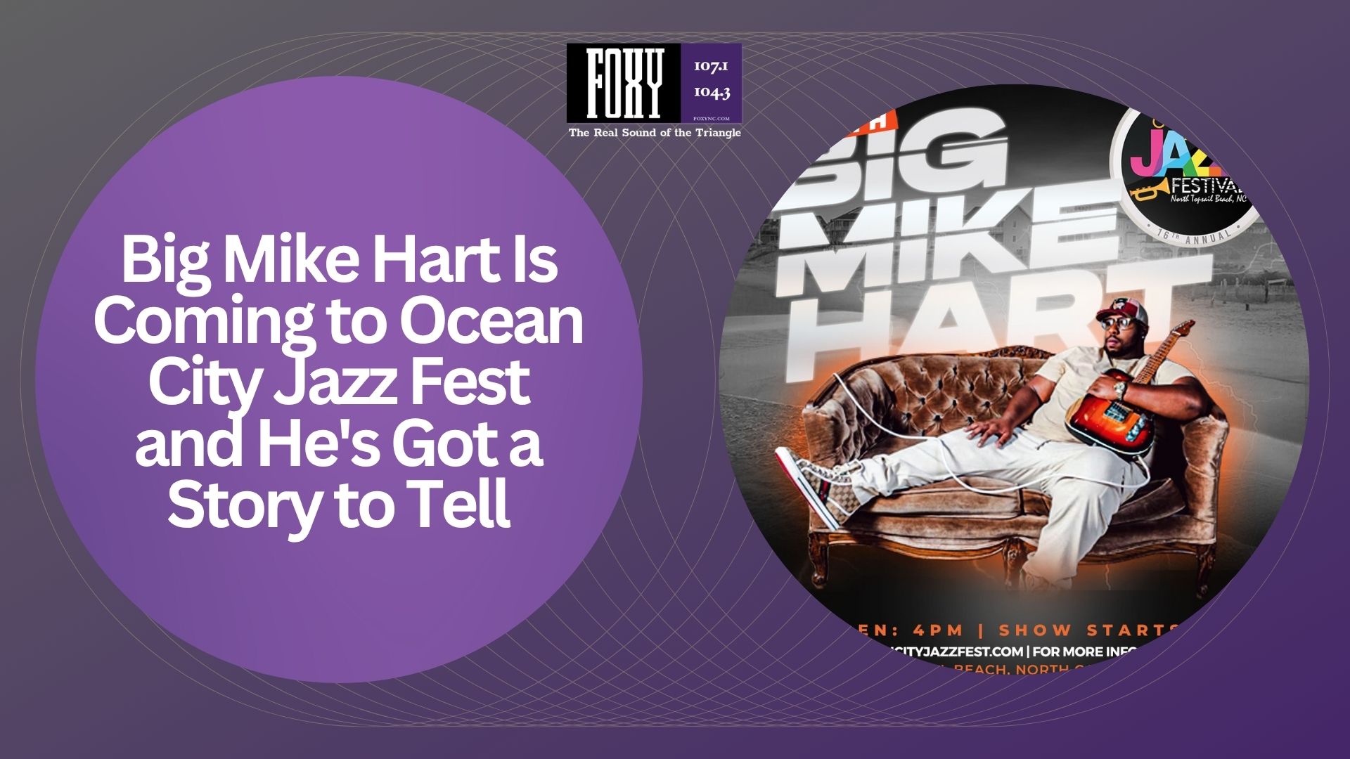 A man sitting on a couch, wearing a hat and holding a guitar. The image promotes the "Big Mike Hart" performance at the Ocean City Jazz Fest.