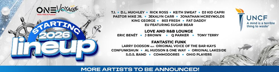 One Voyage festival poster featuring lineup of musical artists starting in 2026, including T.I., D.L. Hughley, Rick Ross, Keith Sweat, DJ Kid Capri, and more.