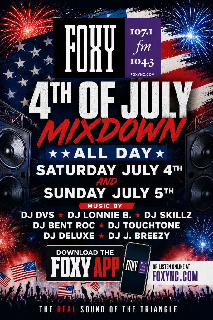 Fireworks display over American flag backdrop. Text: "FOXY 107.1 FM 104.3 FOXYNYC.COM 4TH OF JULY MIXDOWN ALL DAY SATURDAY JULY 4TH AND SUNDAY JULY 5TH" with DJ names.