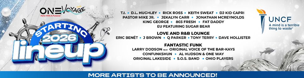 One Voyage music festival poster featuring lineup of artists performing in 2026, including DJ Kid Capri, Tony Terry, and UNCF logo.