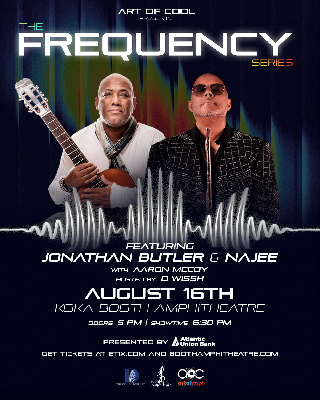 The Frequency Series concert poster featuring Jonathan Butler and Najee, with Aaron McCoy and hosted by D Wissh, at the Koka Booth Amphitheatre on August 16th.