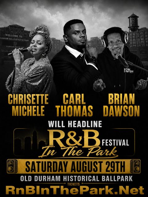 Three African American musicians performing on a stage, with the text "CHRISETTE MICHELE", "CARL THOMAS", and "BRIAN DAWSON" displayed above them, and "R&B FESTIVAL IN THE PARK" and "SATURDAY AUGUST 29TH" displayed below.