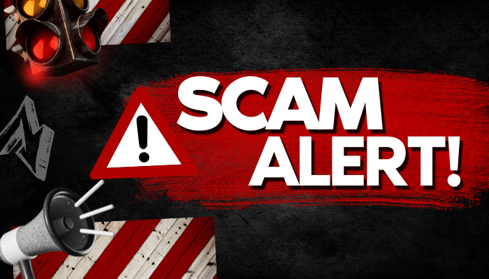 Scam alert! Red and black warning sign with bold white text against a dark background, surrounded by traffic signals and other warning symbols.