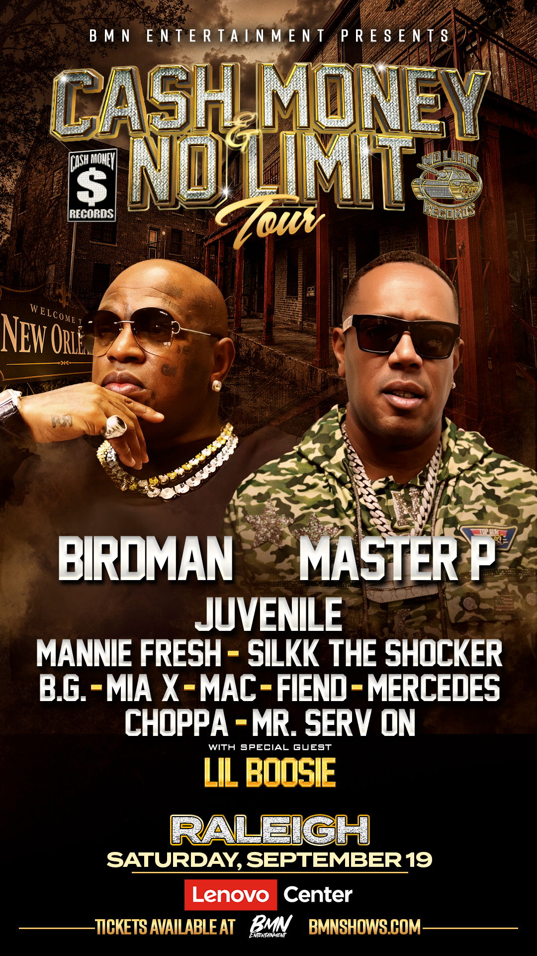 Promotional poster for the "Cash Money No Limit Tour" featuring hip-hop artists Birdman, Master P, Juvenile, Mannie Fresh, Silkk the Shocker, and others, with Lil Boosie as a special guest.