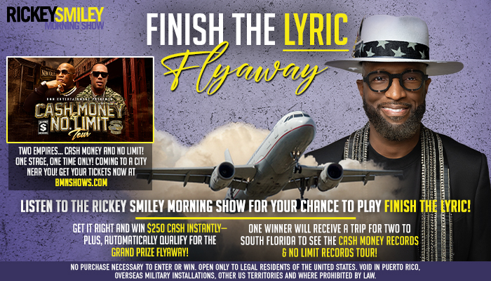 Rickey Smiley, a radio personality, stands in front of a private jet, promoting his "Finish the Lyric Flyaway" contest.
