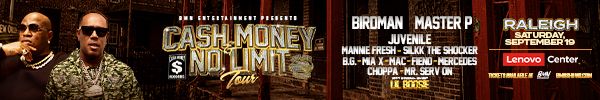 Promotional concert poster for Cash Money, Master P, Juvenile, and Raleigh performers at Lenovo Center.