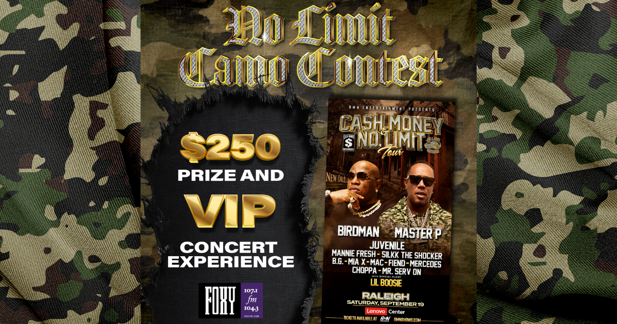 Camouflage-patterned poster advertising a "No Limit Cash Money Tour" concert event featuring Birdman, Master P, Juvenile, and other artists.
