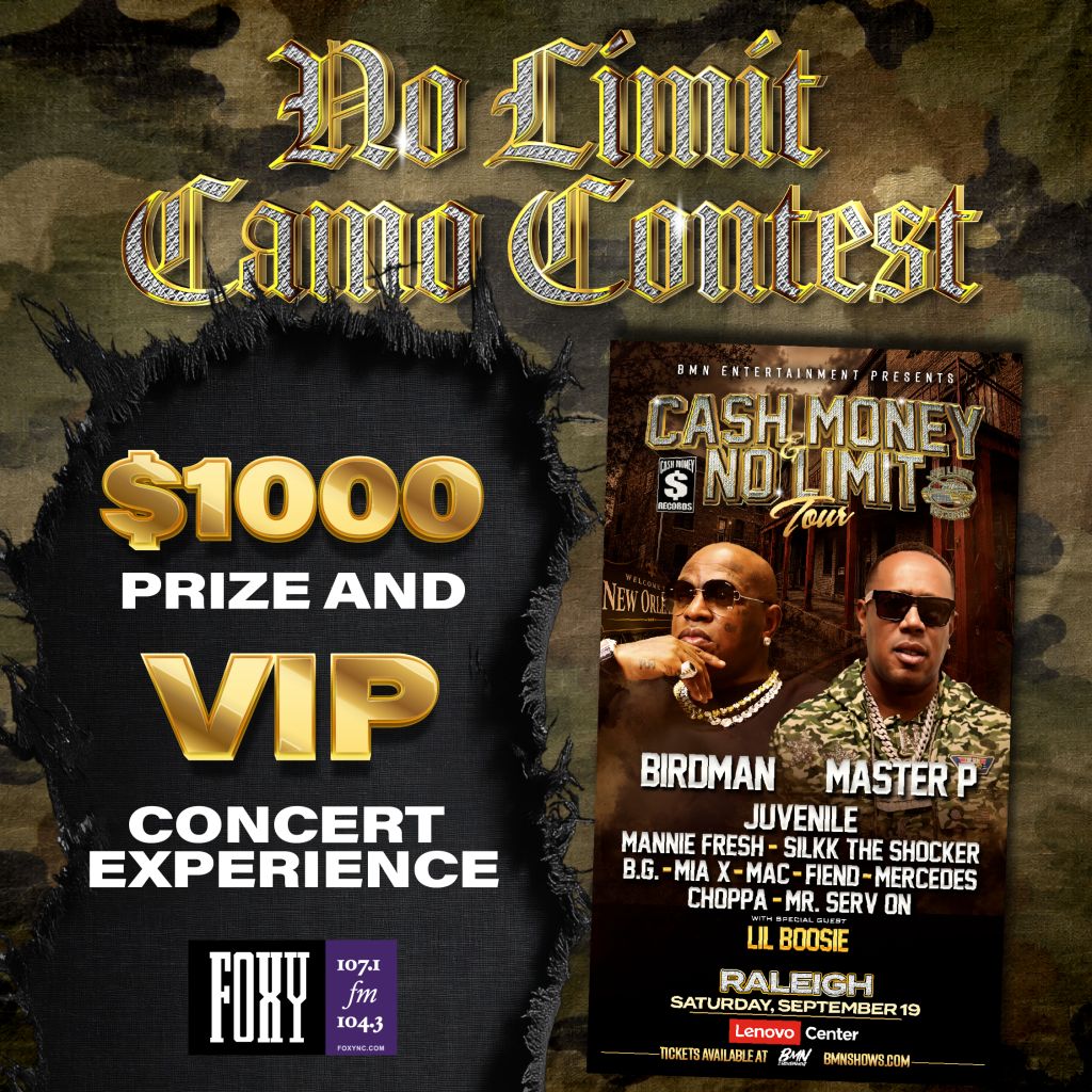 Poster for "Cash Money No Limit Tour" featuring Birdman, Master P, Juvenile, and other artists. $1000 prize and VIP concert experience.