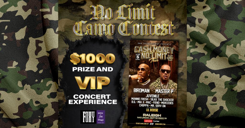 Camouflage-patterned background with text promoting a "No Limit Cash Money No Limit Tour" featuring Birdman, Master P, Juvenile, and other artists.