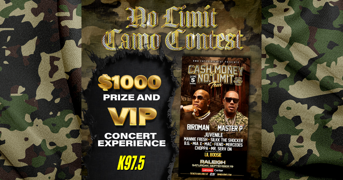 Camouflage-patterned background with text promoting a "Cash Money No Limit Tour" featuring Birdman, Master P, Juvenile, and other artists, with a $1000 prize and VIP concert experience.