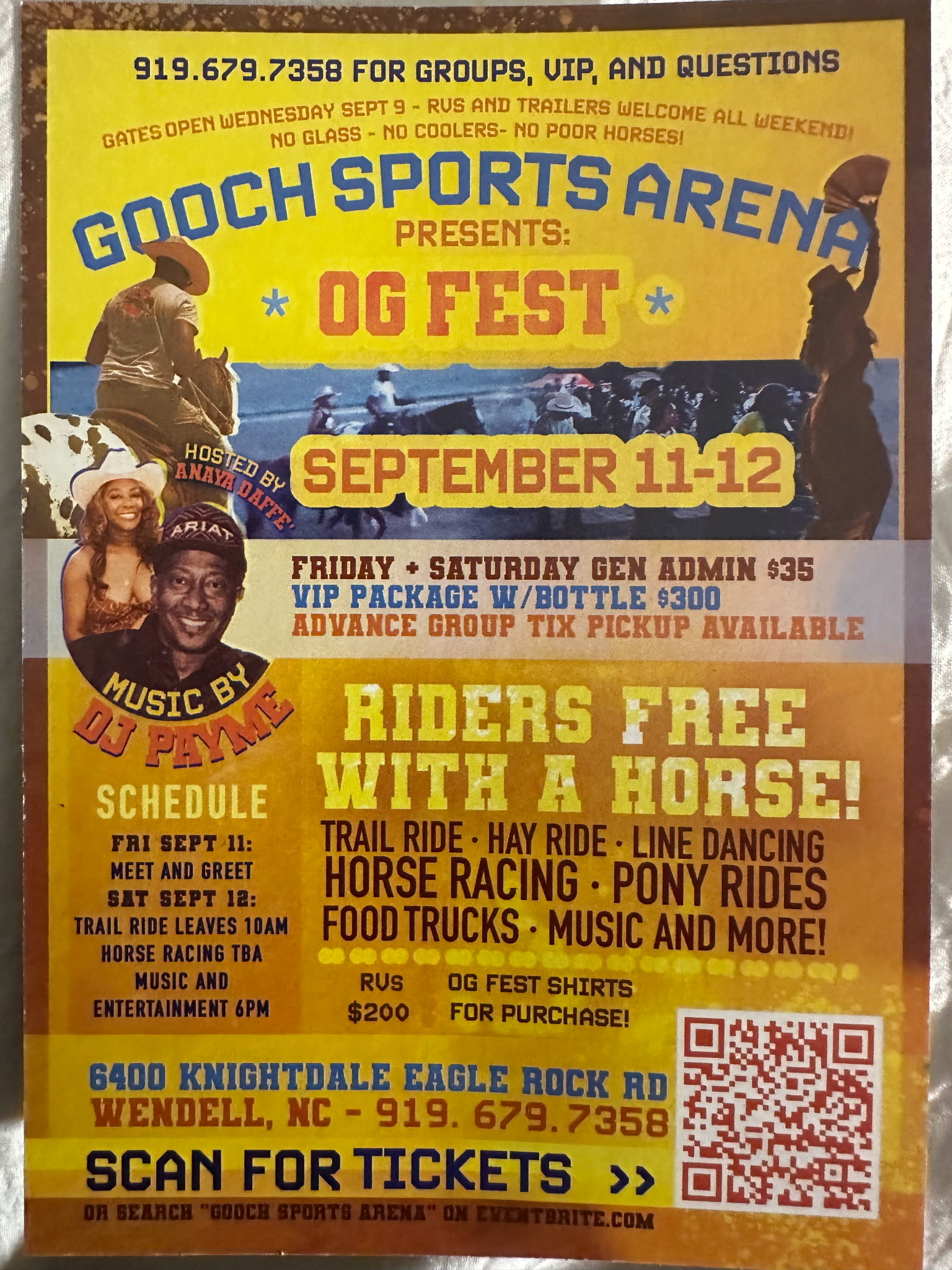 Poster advertising "OG Fest" event at Gooch Sports Arena on September 11-12, featuring music by DJ Pinkie, trail rides, horse racing, and other activities. Includes event details, ticket pricing, and QR code.