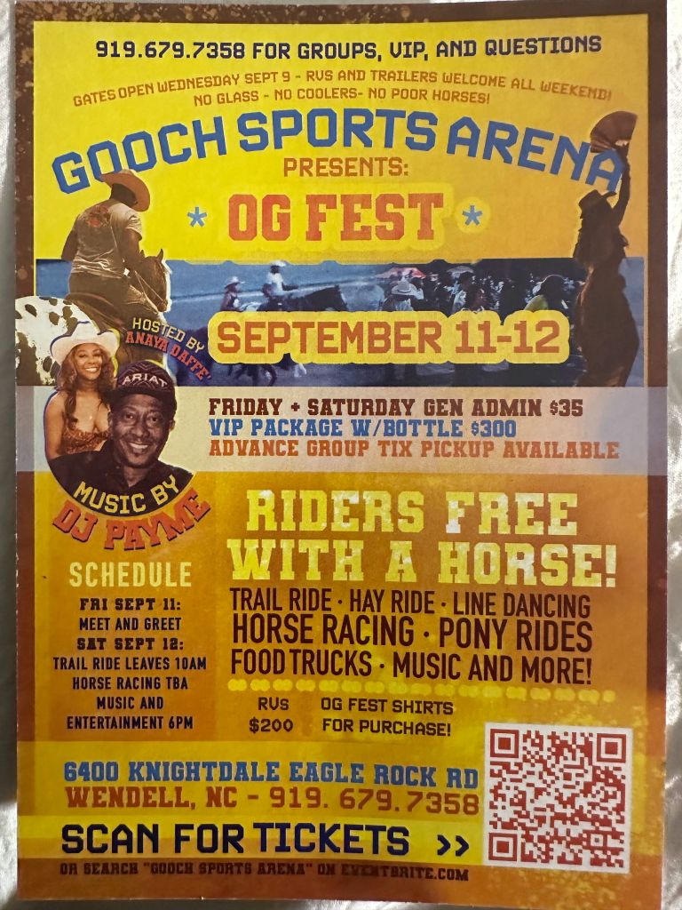 Poster advertising "OG Fest" event at Gooch Sports Arena on September 11-12, featuring music by DJ Pinkie, trail rides, horse racing, and other activities. Includes event details, ticket pricing, and QR code.