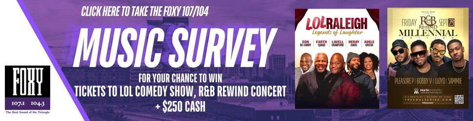 Music survey advertisement for a chance to win tickets to an LOL comedy show, R&B rewind concert, and $250 cash.